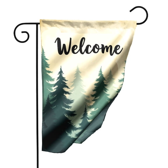 Welcome Garden Flag Double Sided Polyester Outdoor Decorative Banner with Black Cursive Text and Pine Tree Design 12.5 x 18 Inch for Yard Patio Lawn Decor#29161