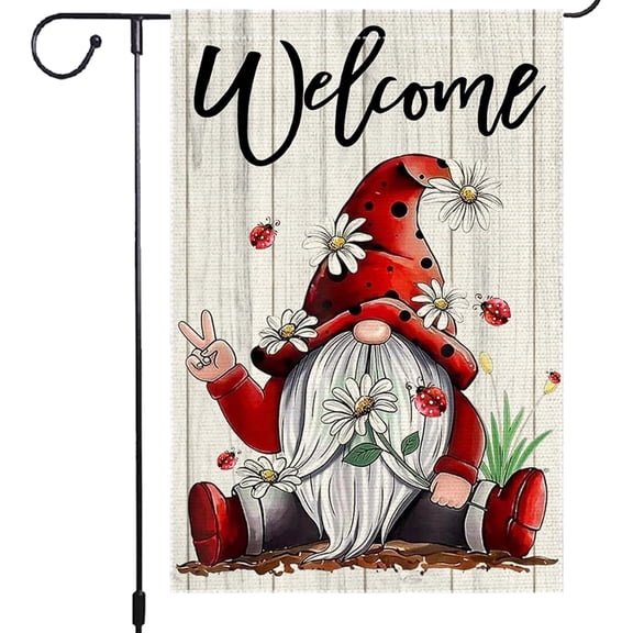 Welcome Garden Flag Double Sided Spring Gnome with Daisies Ladybugs and Fence 12 x 18 Inch for Outdoor Yard Decoration