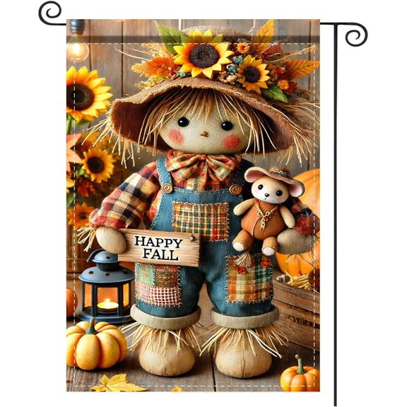 Welcome Garden Flag Fall Garden Flag 12x18IN Scarecrow Bear Happy Fall Yard Porch House Double - Side For Home Outdoor Decor