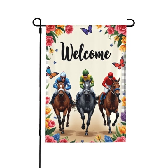Welcome Garden Flag For Outside 1218 Horse Racing Welcome Sign With Jockeys And Roses Spring Garden Flag Double Sided Yard Flag House Holiday Outdoor Farmhouse Decoration Gazebo Father's Day