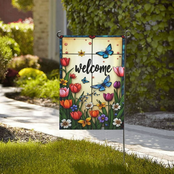 Welcome Garden Flag For Outside Stained Glass Dragonflies And Flowers Small Yard Flag 12X18 Inch Double Sided Outdoor Flag Decorations For Home House Lawn Porch Garden Banner Farmhouse Holiday Gift