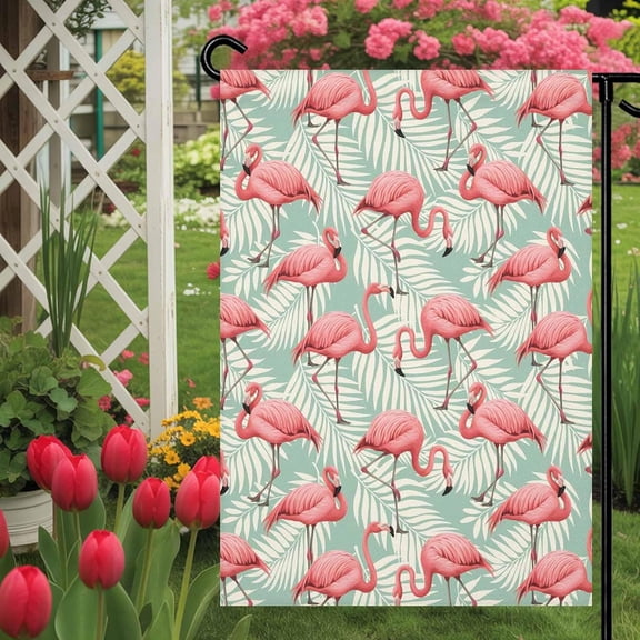 Welcome Garden Flag Pink Flamingo Animal Tropical Plant Double Sided House Flags Yard Decoration, Palm Leaves White Shade on Turquoise Banners for Outdoor Indoor Holiday Decor 12x18in