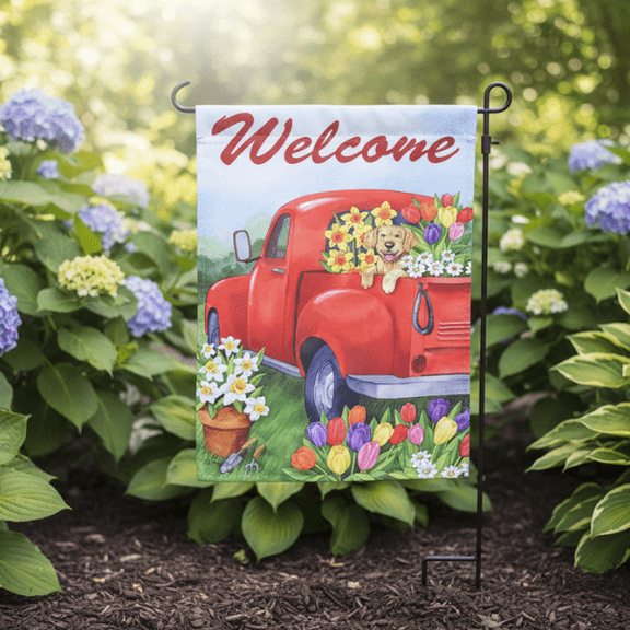 Welcome Garden Flag Red Truck Dog Floral 12.5 x 18 Double Sided Outdoor Yard Decor