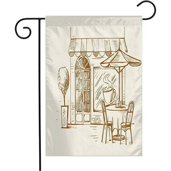 Welcome Garden Flag Vertical Tea Street Cafe Cocktail Dessert Eating Silhouette Chair Table Old Town Food Drink Cup Bitter Bean Yard Outdoor Decorative 12x18"