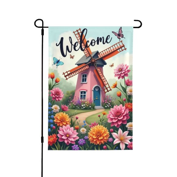 Welcome Garden Flag With Windmill & Flowers, Double Sided 12x18 Inch Outdoor Yard Decor, Spring Summer Floral Farmhouse Decor