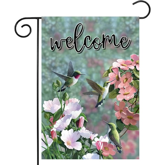Welcome Garden Flags 12x18 Inch Double Sided,Yard Flags Spring Summer Garden Decor for Outside,Hummingbird Flower Yard Decorations for Home Outdoor