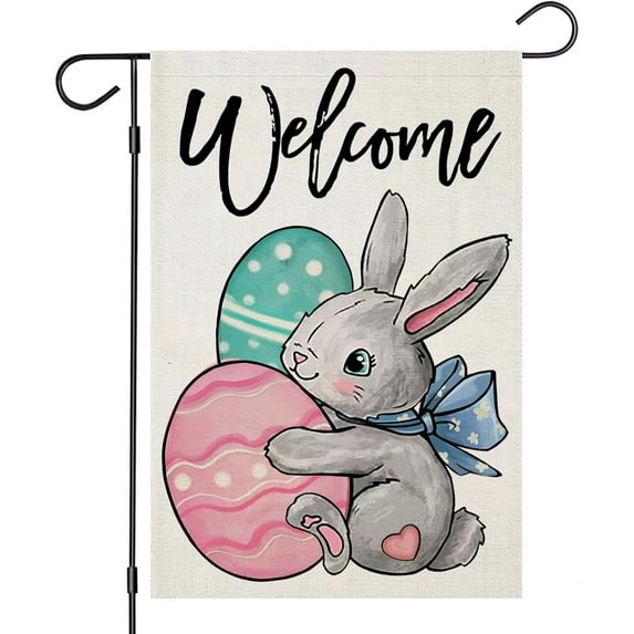 Welcome Garden Flags for Easter Outside, Watercolor Rabbit with Eggs Flowers Yard Decoration, Small Seasonal Spring Outdoor Decor for Farmhouse Holiday,12.5x18 Double Sided