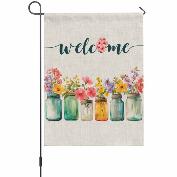 Welcome Garden Flags For Outdoor, Wildflowers Vintage Mason Jars Farmhouse Retro Small Double Side Yard Flags Weather Proof Garden Decor for Lawn Outside Holiday 12 x 18 Inches
