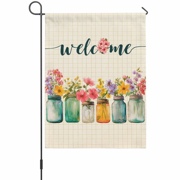 Welcome Garden Flags For Outdoor, Wildflowers Vintage Mason Jars Farmhouse Small Double Side Yard Flags Weather Proof Garden Decor for Lawn Outside Holiday 12 x 18 Inches