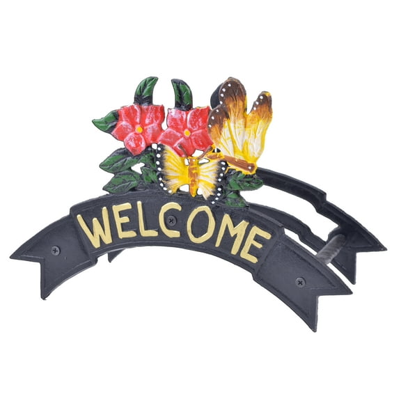 Welcome Garden Hose Holder - Butterflies & Flowers - Black Cast Iron - 12.38" W