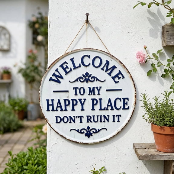 Welcome Garden Metal Sign Vintage Funny Wall Plaque Rustic Outdoor Decorations Round Hanging Home Decor Gift for Patio Fence Porch Backyard Sunroom Farmhouse Garden Lovers Housewarming Seasonal Decor
