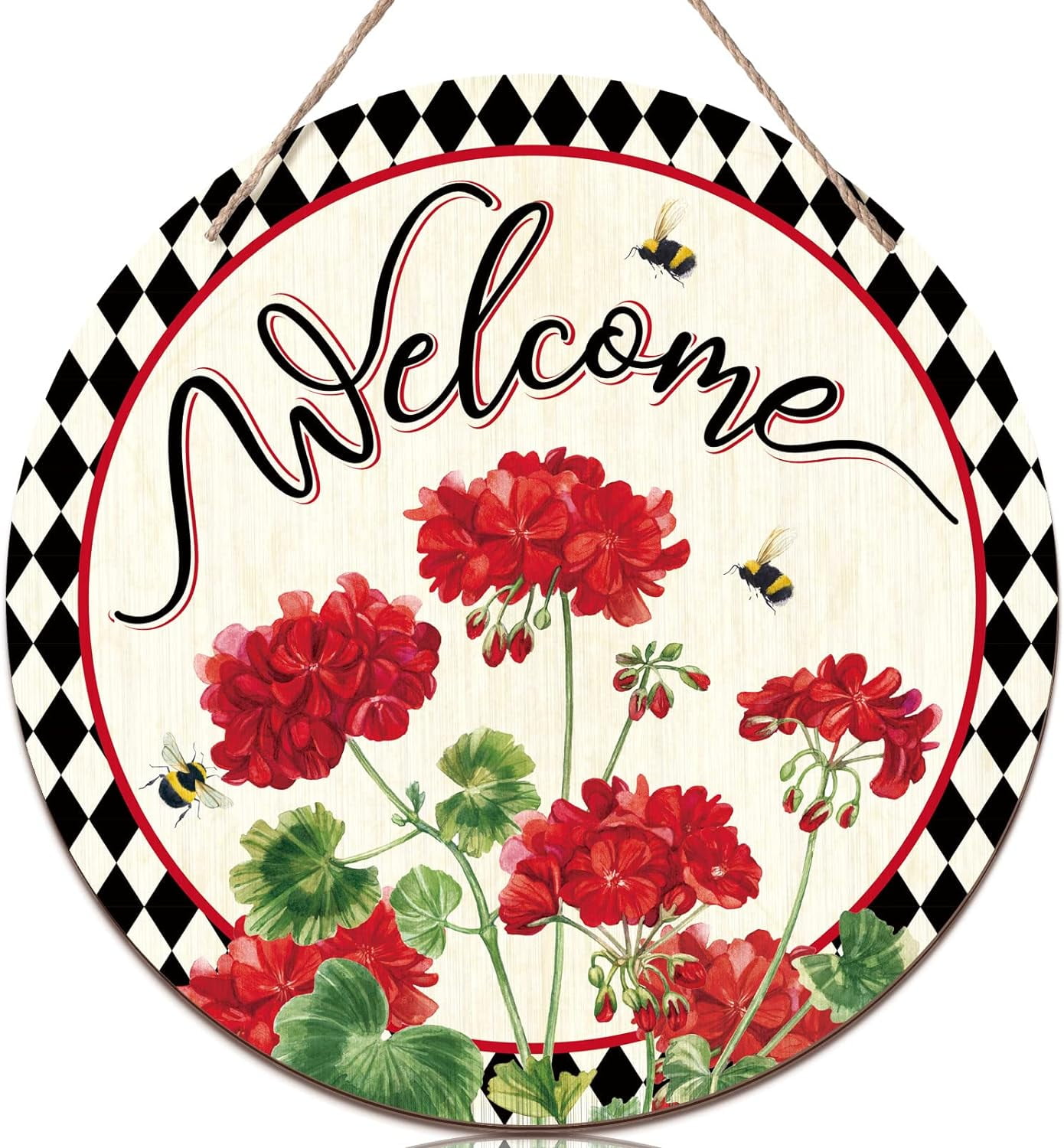 Welcome Geranium Flower Sign Spring Summer Front Door Decor Bee Red ...