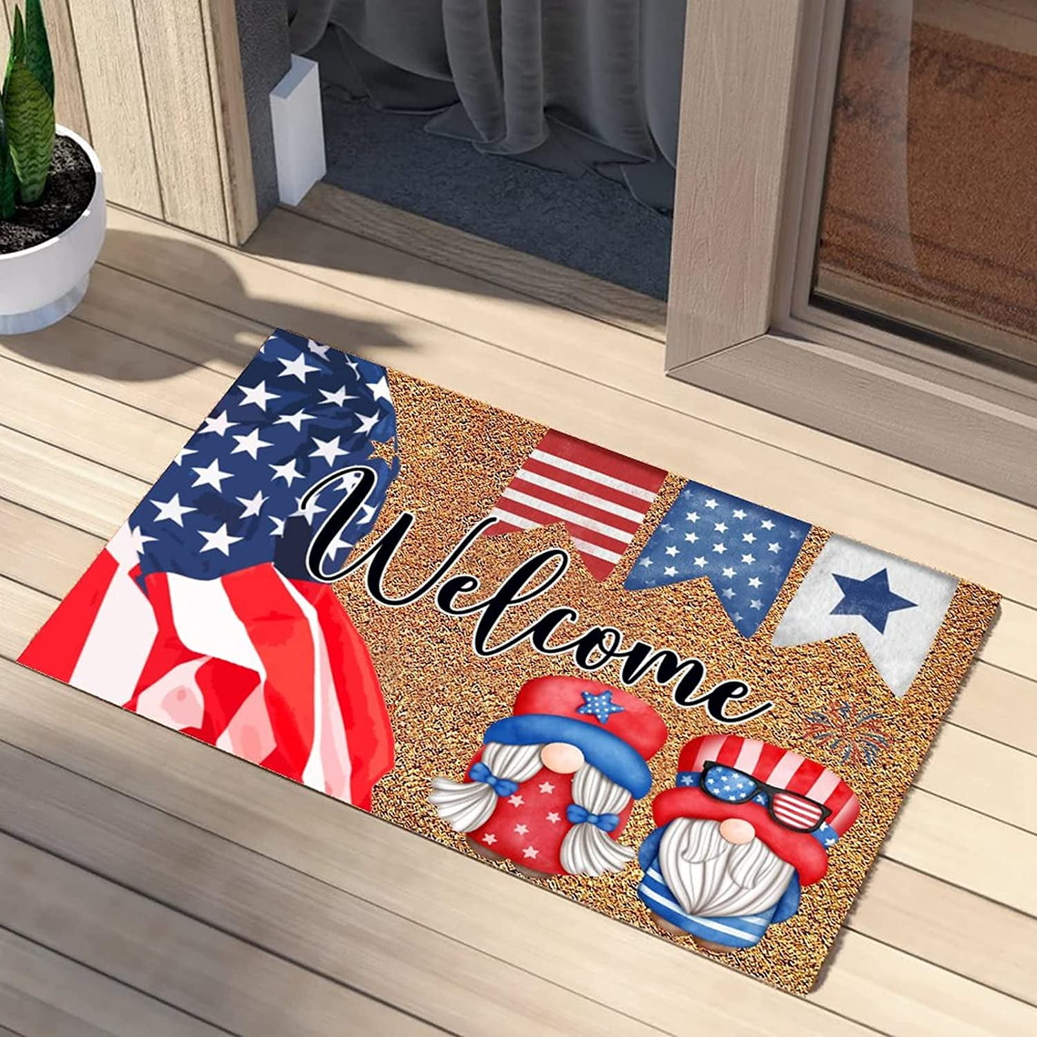 Gnome Door Mat American Memorial Day 4th of July USA Flag