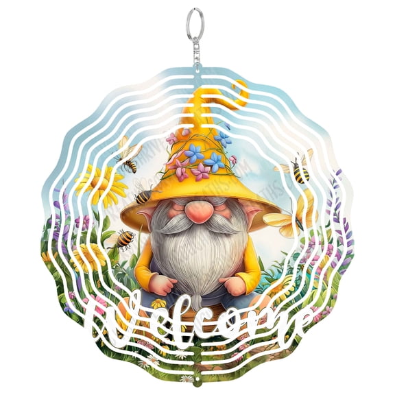 Welcome Gnome Wind Spinner Metal Outdoor Decor Whimsical Garden Theme Multi-Color