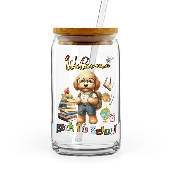 Welcome Goldendoodle Back to School Vintage Retro 16oz Glass Cup Mug Doodle Dog Lover Gifts Idea Glass Can with Bamboo Lid and Straw - 02012