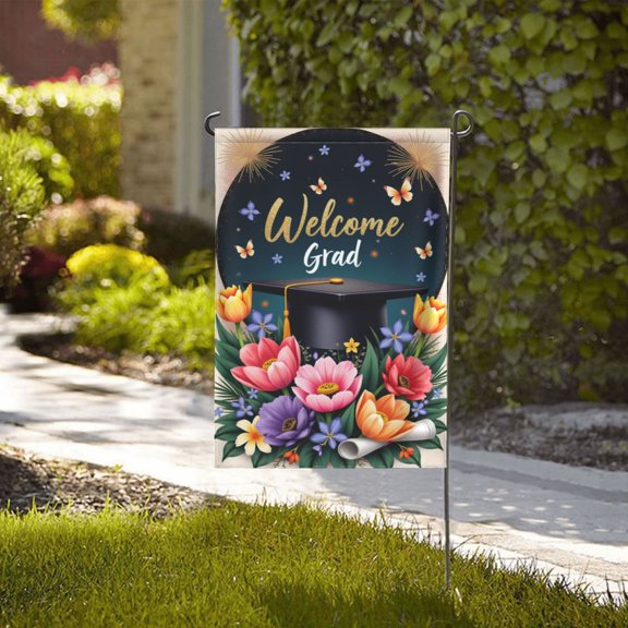 Welcome Grad Garden Flag Double Sided 12x18 Inch Graduation Flowers Butterfly Graduation Party Decor Yard Flag Outdoor Decoration Banner Home Gifts for Men Women Birthday Gifts Memorial Day