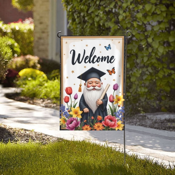Welcome Graduation Gnome Garden Flag 12x18 Inch DoubleSided Spring Summer Floral Yard Flag Outdoor Decor With Butterflies And Flowers Home Gifts for Men Women Birthday Gifts Memorial Day