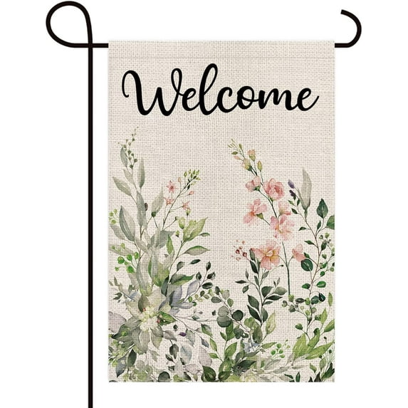 Welcome Green Eucalyptus Leaves Plant Floral Decoration Double Sided Vertical Burlap Garden Flag Spring Summer Seasonal Farmhouse Outdoor Yard Banner 12" x 18"