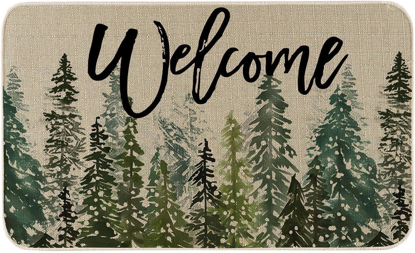 Welcome Green Pine Trees Christmas Door Mat 17x30 Inch, Xmas Seasonal Winter Holiday Decorative Low-Profile Rug Christmas Doormat for Indoor Outdoor