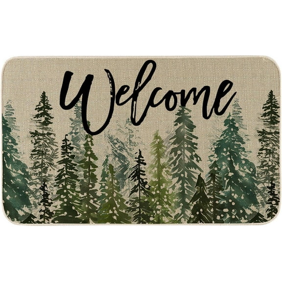 Welcome Green Pine Trees Christmas Door Mat 17x30 Inch, Xmas Seasonal Winter Holiday Decorative Low-Profile Rug Christmas Doormat for Indoor Outdoor