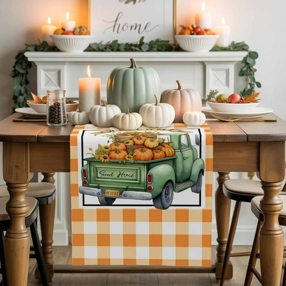 Welcome Green Table Runner, Autumn Thanksgiving Kitchen Dining Table Decoration for Home Party Decor 13x72 Inches