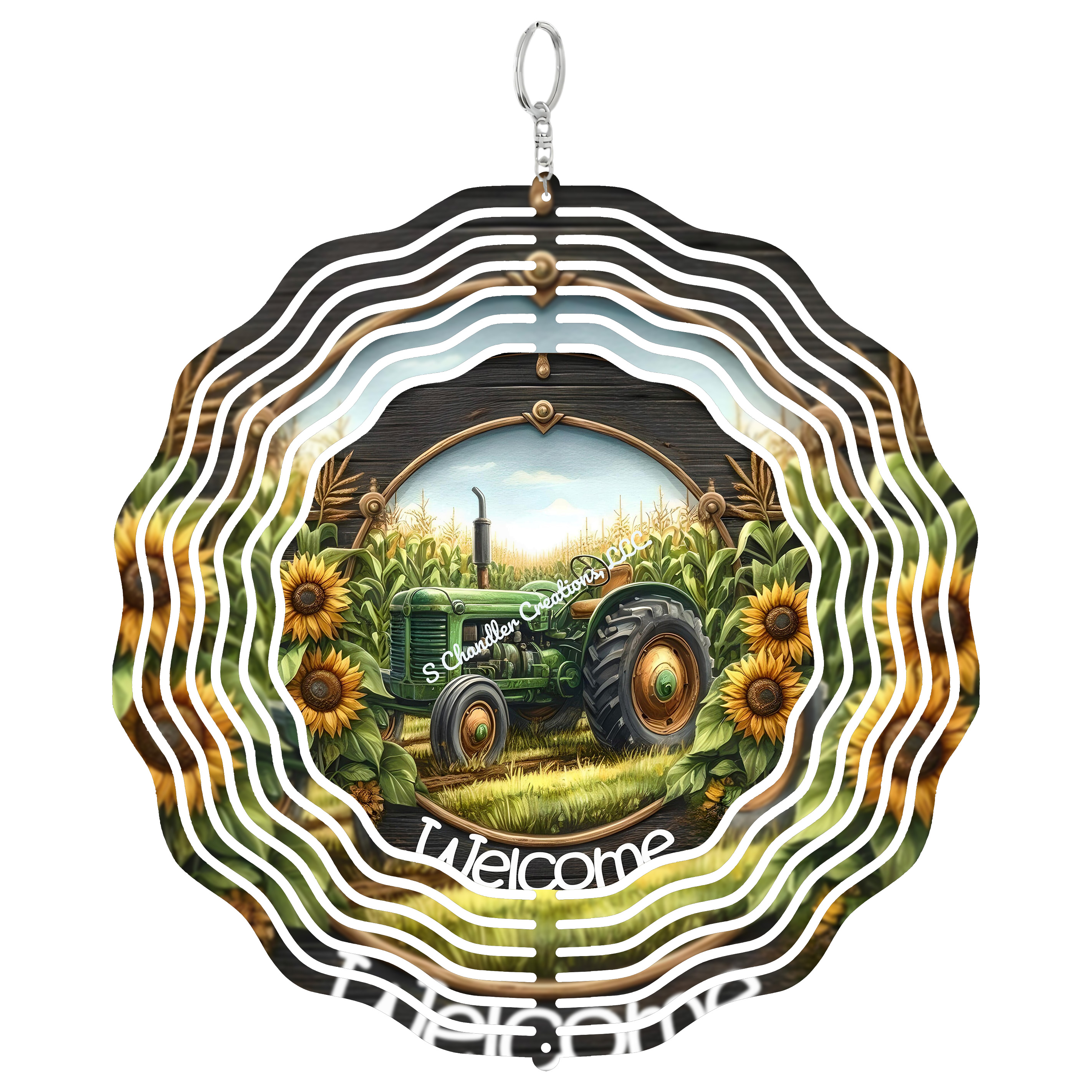 Kinetic Country Welcome Green Tractor Sunflowers 3D Wind Spinner, Farmhouse Kinetic Art ...