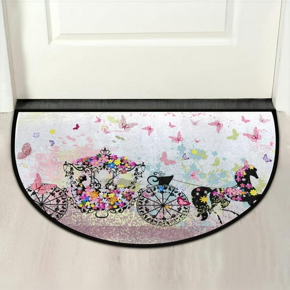 Welcome Half Round Door Mat Pretty Butterfly Carriage Washable Home Kitchen Art Restaurant Office Floor Mats Non Slip and Durable Doormats Decor 18x30 Inch