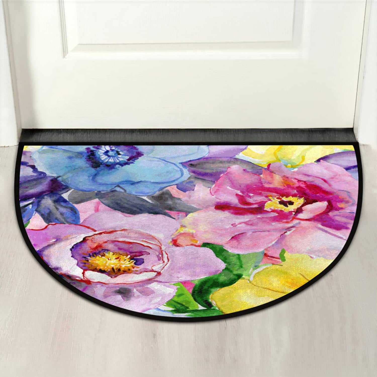 Half Round Door Mat Watercolor Flowers Semi Circle Doormat
