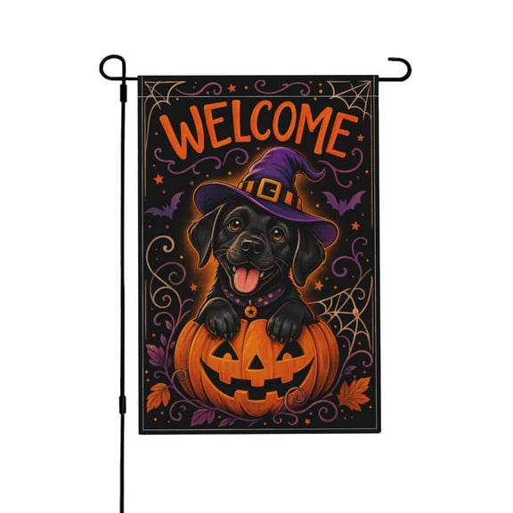 Welcome Halloween Black Labrador Dog Garden Flag With O Lantern Pumpkin For Yard Lawn Outdoor Home Decor 12x18 in