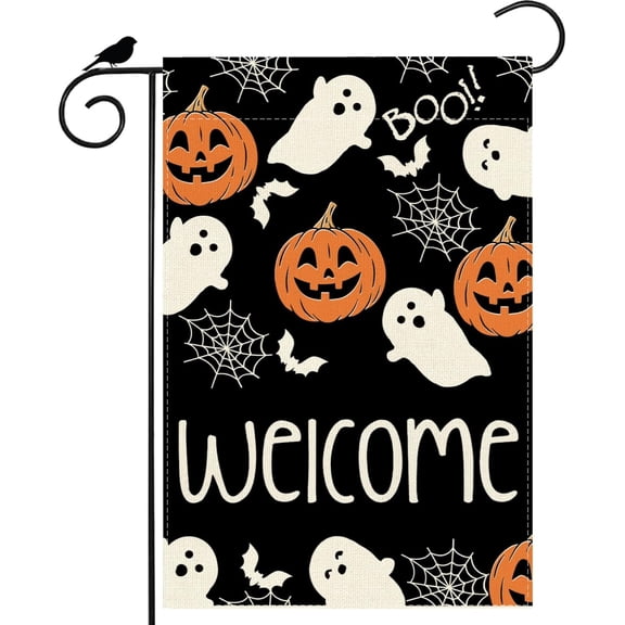 Welcome Halloween Boo Ghosts Pumpkins Spider Web House Flag Large 28X40 Inch Big Vertical Double Sided Yard Outdoor Outside Holiday Decoration