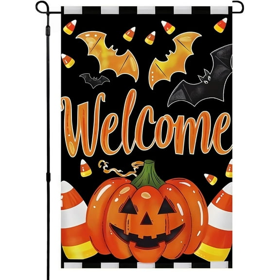 Welcome Halloween Garden Flag 12X18 Inch Double Side,Pumpkin Jack O Lantern Yard flag,Bat Outside Small Garden Flag Decorative,Outdoor Flag for Holiday Patio Courtyard Lawn
