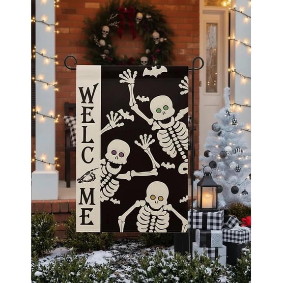 Welcome Halloween Garden Flag 12x18 Inch Double Sided, Skeleton Burlap Yard Decor, Outdoor Spooky Porch Flag, Halloween Holiday Decorations for Home and Cemetery