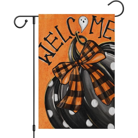 Welcome Halloween Garden Flags 12.5 x 18 Inch Vertical Double Sided Burlap, Halloween White Dot Pumpkin Yard Flag Cute Ghost Flags for Seasonal Fall Thanksgiving Farmhouse Decoration(ONLY FLAG)