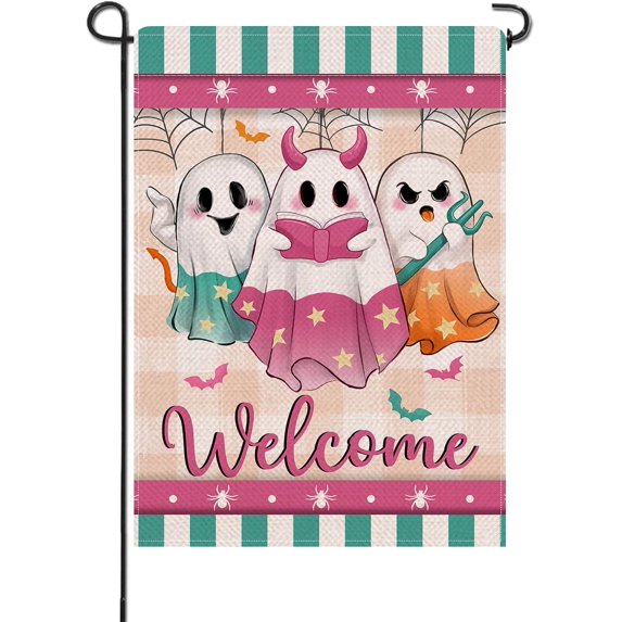 Welcome Halloween Ghost Small Decorative Garden Flag, Spooky Stripes Colorful Yard Lawn Outside Decor, Funny Spider Web Bat Burlap Outdoor Home Decoration Double Sided 12 x 18