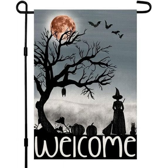 Welcome Halloween House Flag 28x40 Inch Double Sided Burlap Large Witch Pumpkin Flag Outside Porch Decor Halloween Yard Decoration DF110-28