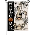 thumbnail image 1 of Welcome Halloween Mummy Gnome Small Decorative Garden Flag, Scary Spider Web Bat Yard Lawn Outside Decor, Holiday Burlap Outdoor Home Decoration Double Sided 12 x 18, 1 of 5