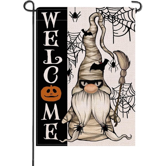 Welcome Halloween Mummy Gnome Small Decorative Garden Flag, Scary Spider Web Bat Yard Lawn Outside Decor, Jack O Lantern Pumpkin Burlap Outdoor Home Decoration Double Sided 12.5 x 18