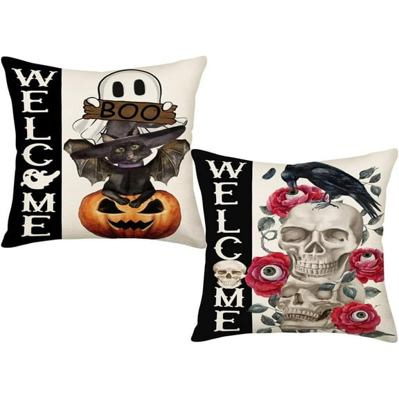 Welcome Halloween Pillow Covers 18 x 18 Inch Set of 2 Ghost Bat Pumpkin Crow Skull Rose Flowers Throw Pillow Case Goth Decorative Cotton Linen Cushion Cover for Sofa Couch Bed