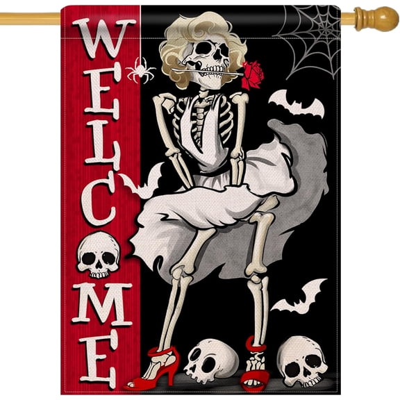 Welcome Halloween Skeleton 28 x 40 House Flag Double Sided, Spooky Skull Bat Spider Web Red Black Garden Yard Decoration, Gothic Holiday Outdoor Decor Decorative Large Flag