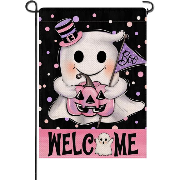 Welcome Halloween Spooky Ghost Boo Small Decorative Garden Flag Pink Jack O Lantern Pumpkin Polka Dot Yard Lawn Outside Decor Funny Holiday Burlap Outdoor Home Decoration Double Sided 12 x 18