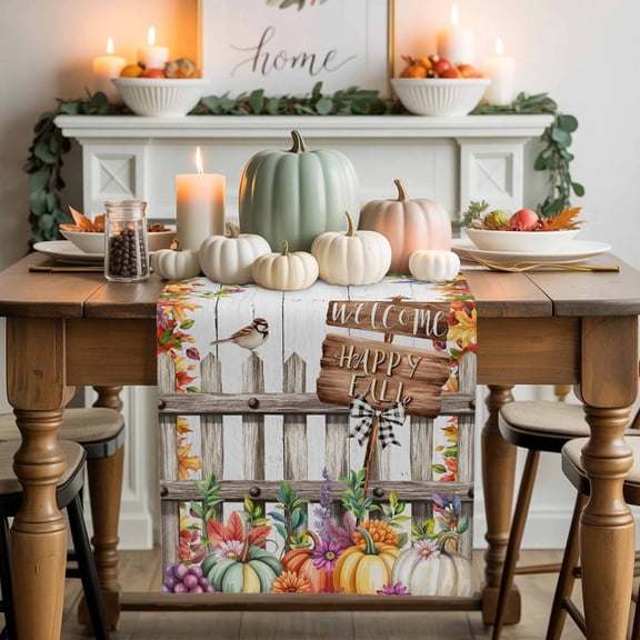 Welcome Happy Fall Table Runner, Autumn Thanksgiving Kitchen Dining Table Decoration for Home Party Decor 13x36 Inches
