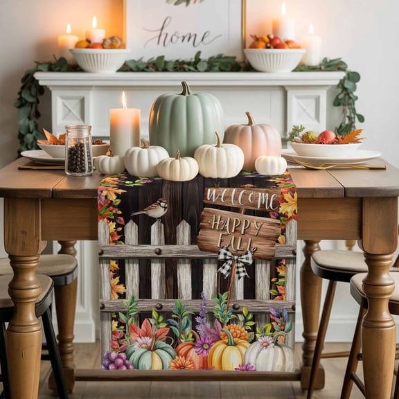 Welcome Happy Fall Table Runner, Autumn Thanksgiving Kitchen Dining Table Decoration for Home Party Decor 13x48 Inches