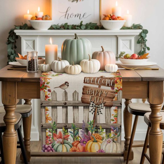 Welcome Happy Fall Table Runner, Autumn Thanksgiving Kitchen Dining Table Decoration for Home Party Decor 13x60 Inches