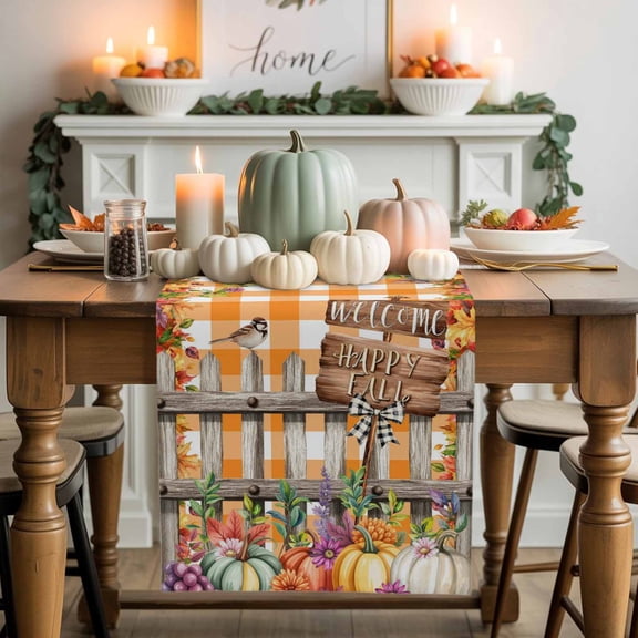 Welcome Happy Fall Table Runner, Autumn Thanksgiving Kitchen Dining Table Decoration for Home Party Decor 13x60 Inches