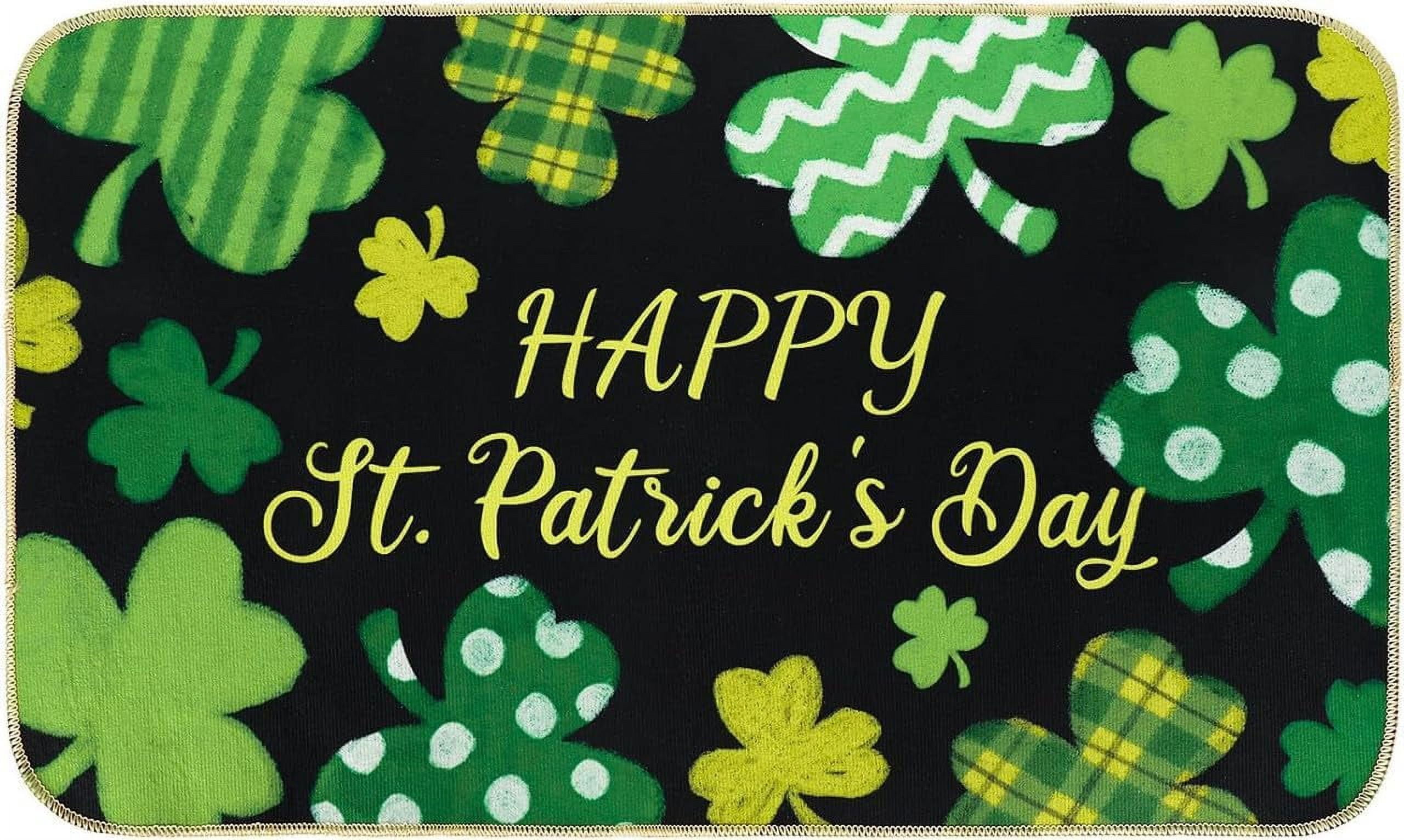 Welcome Happy St. Patrick's Day Door Mat Black Green Shamrock Clover