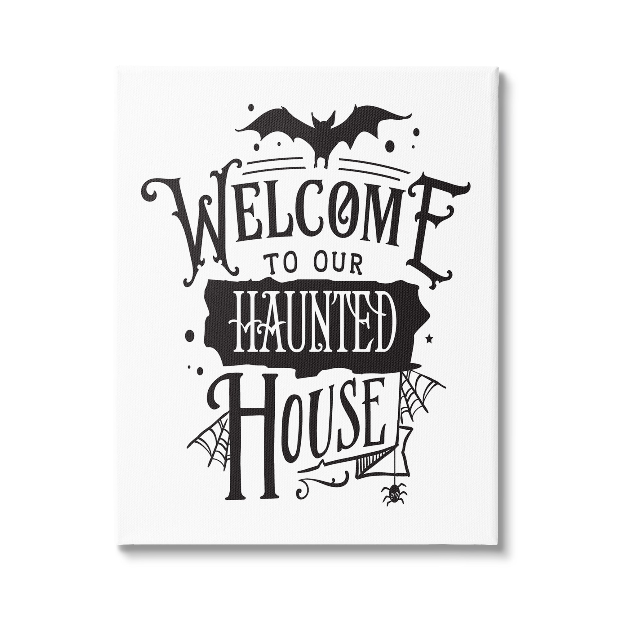 Welcome Haunted House Halloween Bat Spider Webs Inspirational Graphic Art Gallery-Wrapped Canvas Print Wall Art