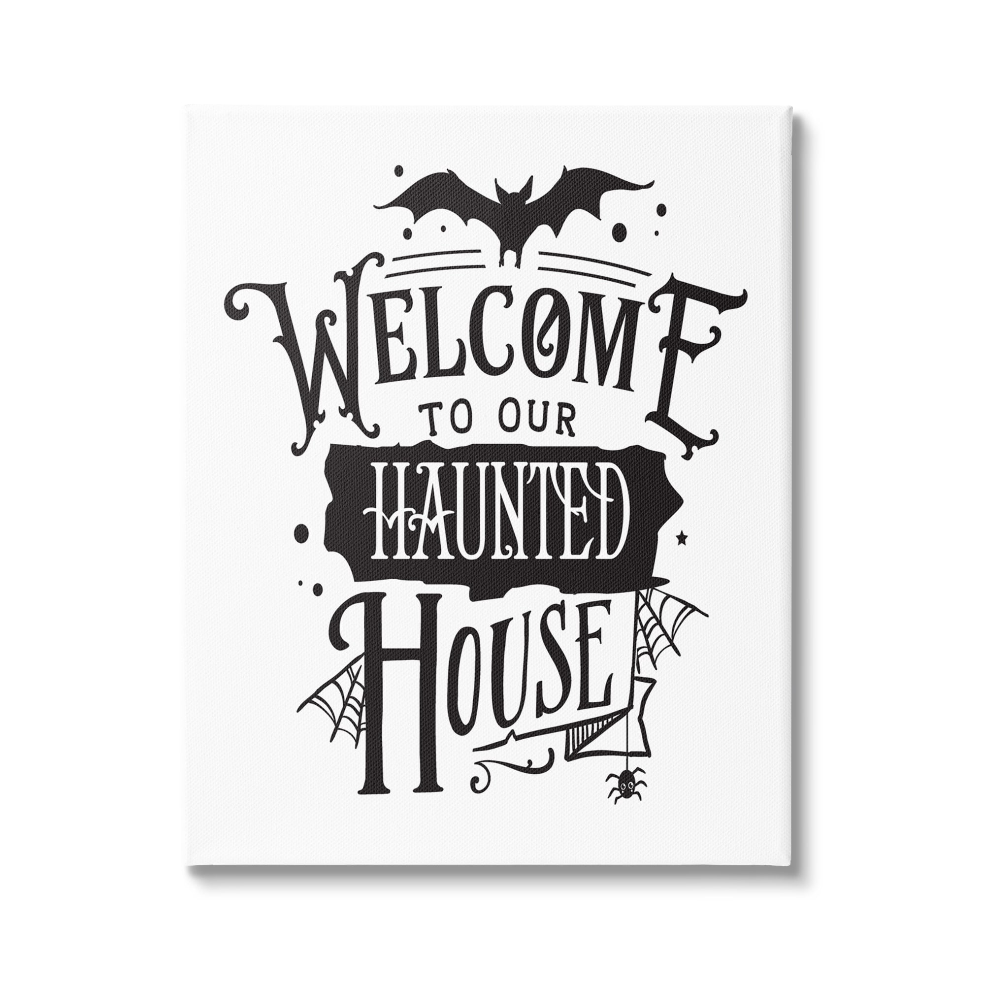 Welcome Haunted House Halloween Bat Spider Webs Inspirational Graphic Art Gallery-Wrapped Canvas Print Wall Art