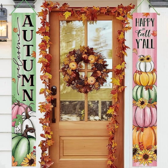 Welcome Hello Fall Thanksgiving Pumpkin Porch Banner Sign, Red Autumn Harvest Thankful Grateful Blessed Front Door Decorative Hanging Banner Flag, Farmhouse Rustic Decoration Home Outdoor Decor