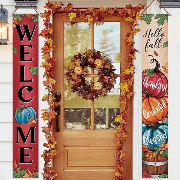 Welcome Hello Fall Thanksgiving Pumpkin Porch Banner Sign, Red Autumn Harvest Thankful Grateful Blessed Front Door Decorative Hanging Banner Flag, Farmhouse Rustic Decoration Home Outdoor Decor