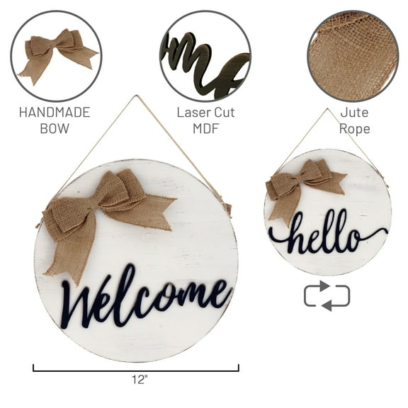 Welcome Hello Reversible Wood Wall Dcor with Burlap Bow (White)